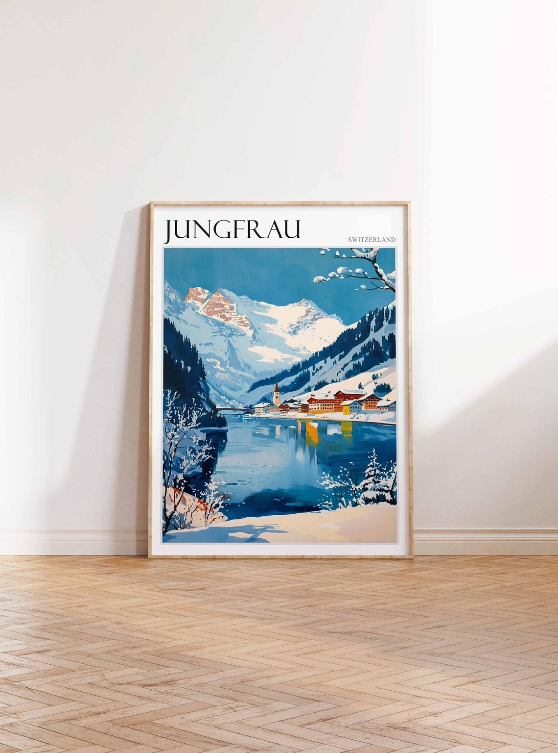 Jungfrau Switzerland Snowy Village Winter Lakeside Poster Art - Image 3