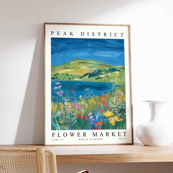 Peak District Hill Lake Reservoir Wildflower Meadow Blue Sky Poster