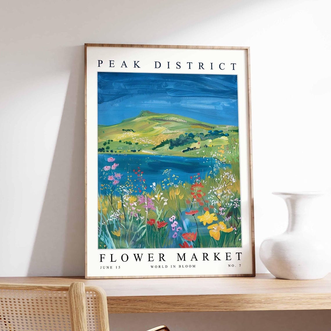 Peak District Hill Lake Reservoir Wildflower Meadow Blue Sky Poster
