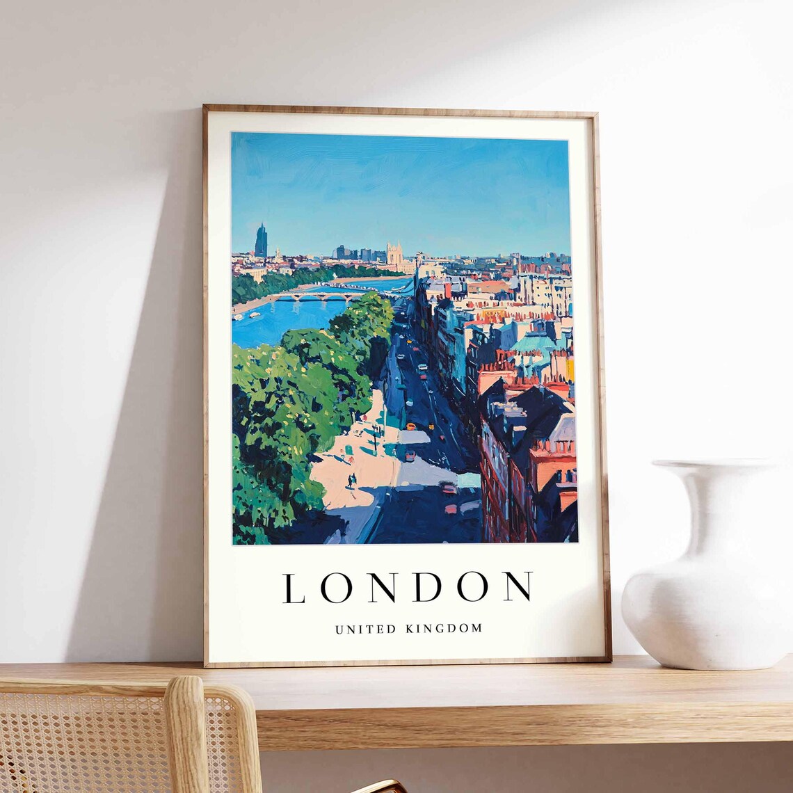 London Thames Embankment Blue Sky Day Panoramic Travel Poster