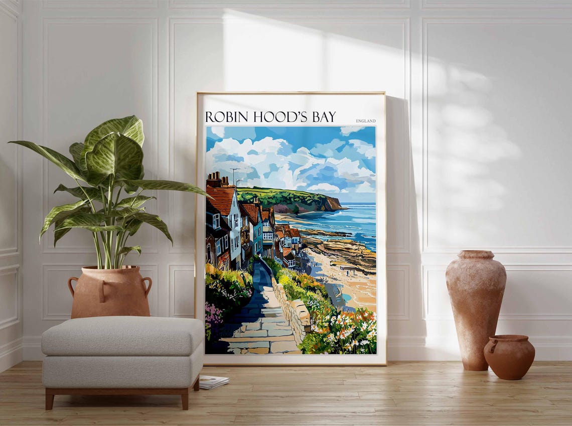 Robin Hood's Bay England Garden Steps Beach Clouds Travel Poster - Image 4