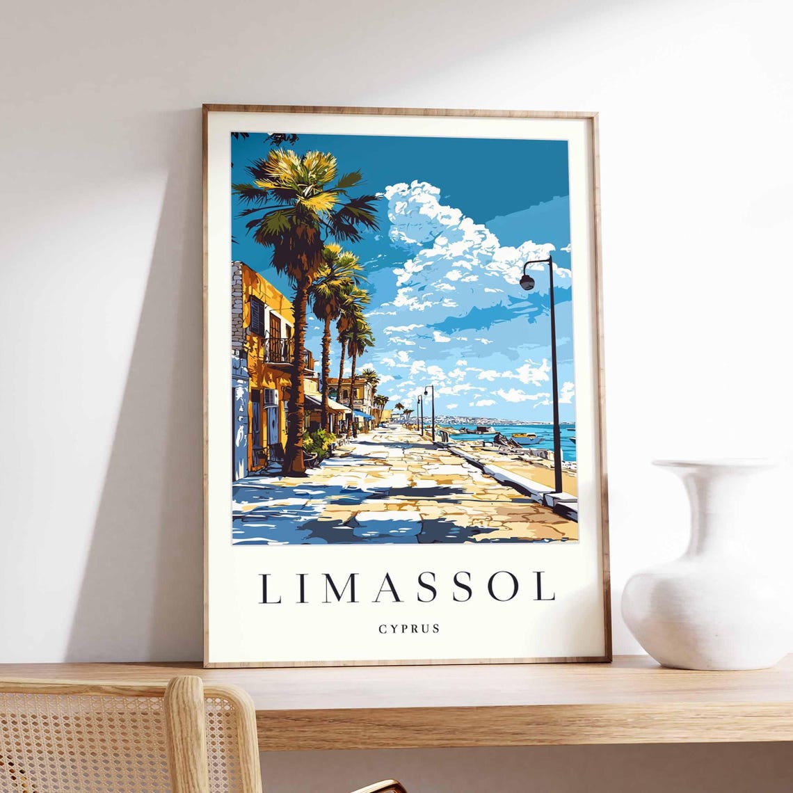 Limassol Cyprus Palm Lined Seafront Promenade Bright Sky Poster
