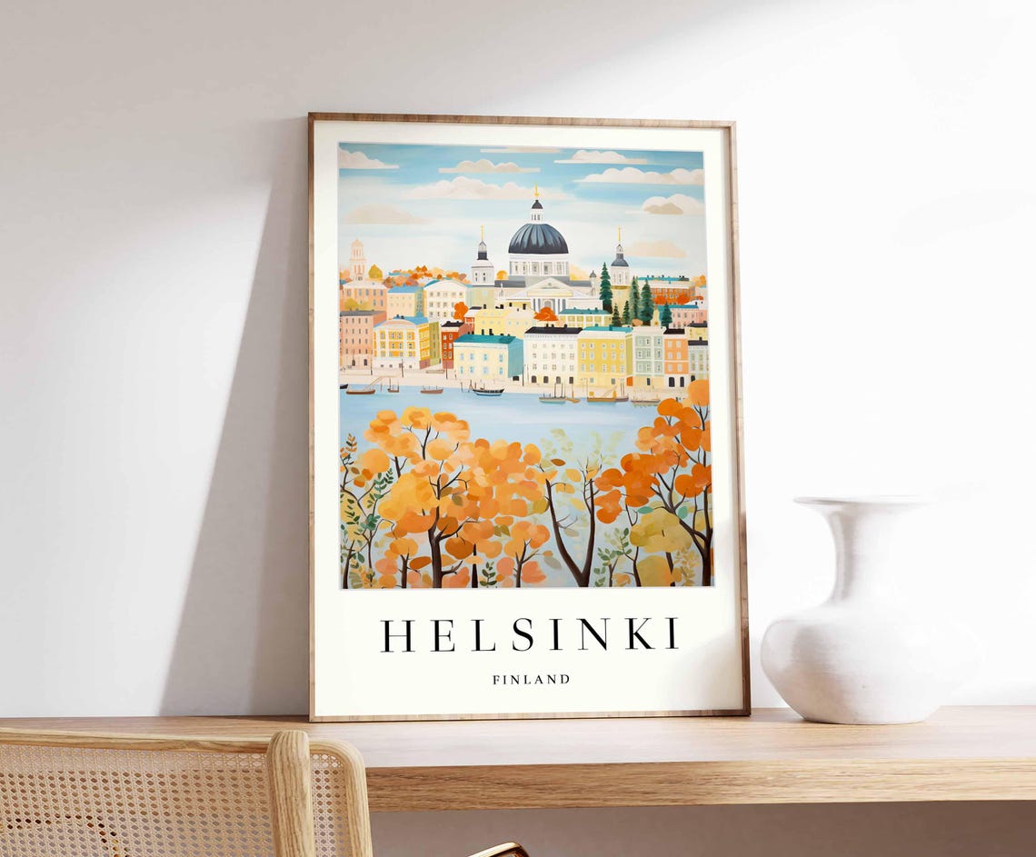 Helsinki Finland Autumn Cathedral Poster with Orange Trees in Front