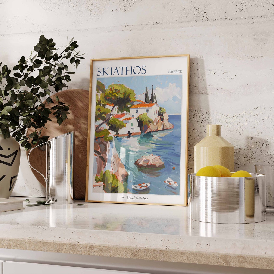 Skiathos Greece White Houses Boats Seaside Painting Travel Poster - Image 2