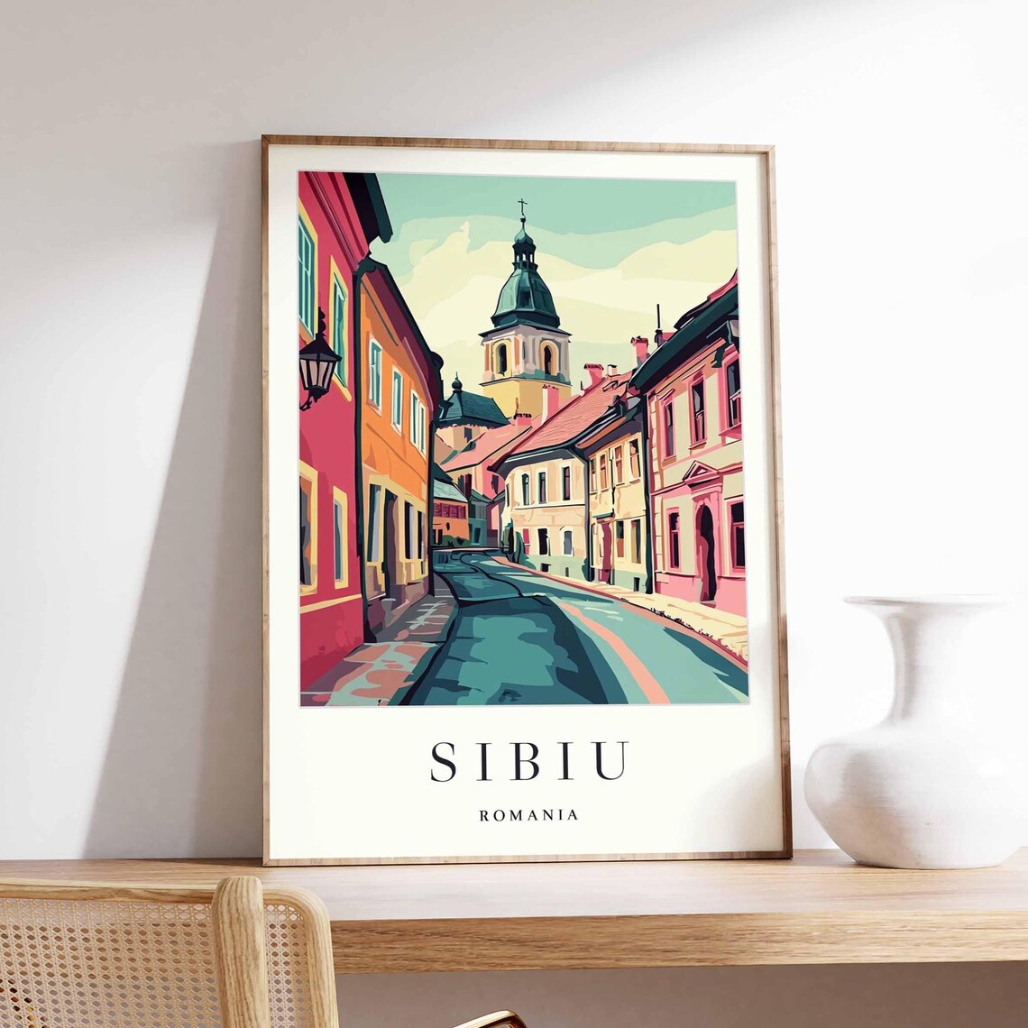 Sibiu Romania Cathedral Street Cobblestone Pastel Travel Poster