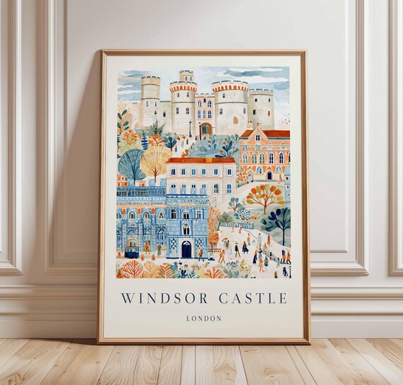 Windsor Castle London Old Town Watercolor Collage Travel Art Poster