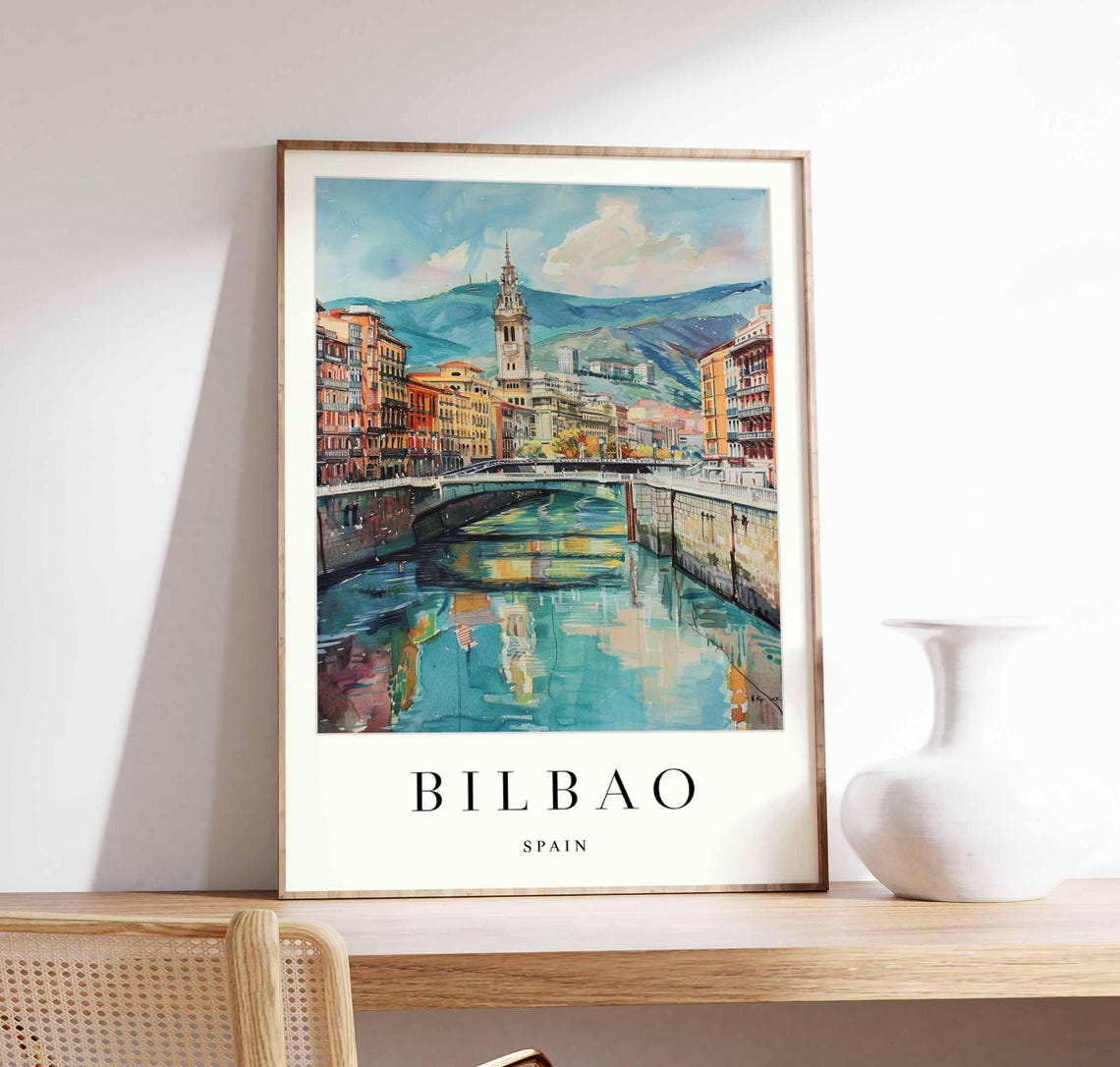 Bilbao Spain Watercolor Poster River Bridge Church Tower Basque