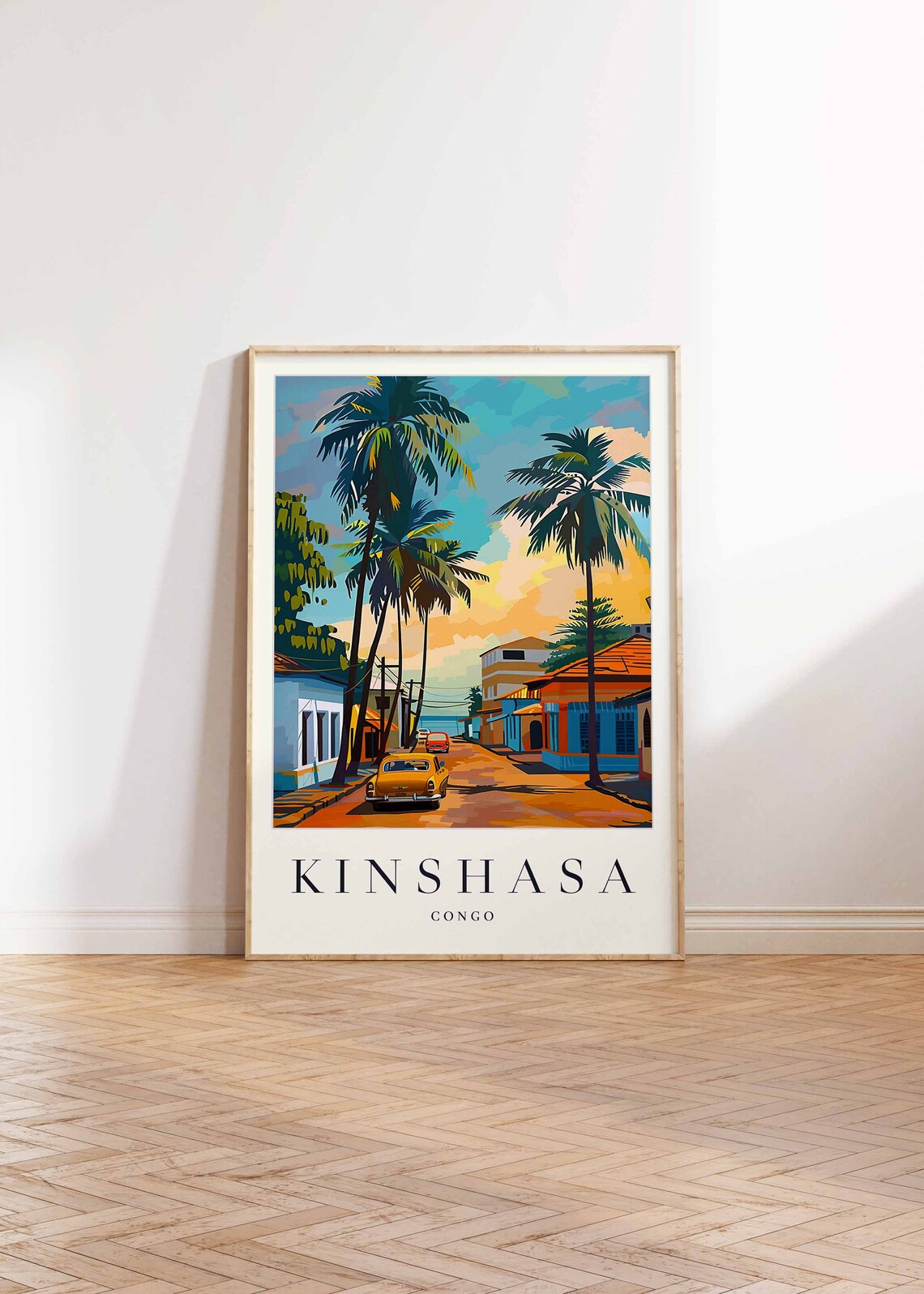 Kinshasa Congo Palm Lined Street With Vintage Cars Travel Poster - Image 2
