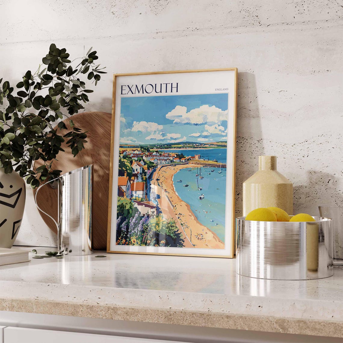 Exmouth England Cliff Town Beach Sailboats Painted Art Poster - Image 2