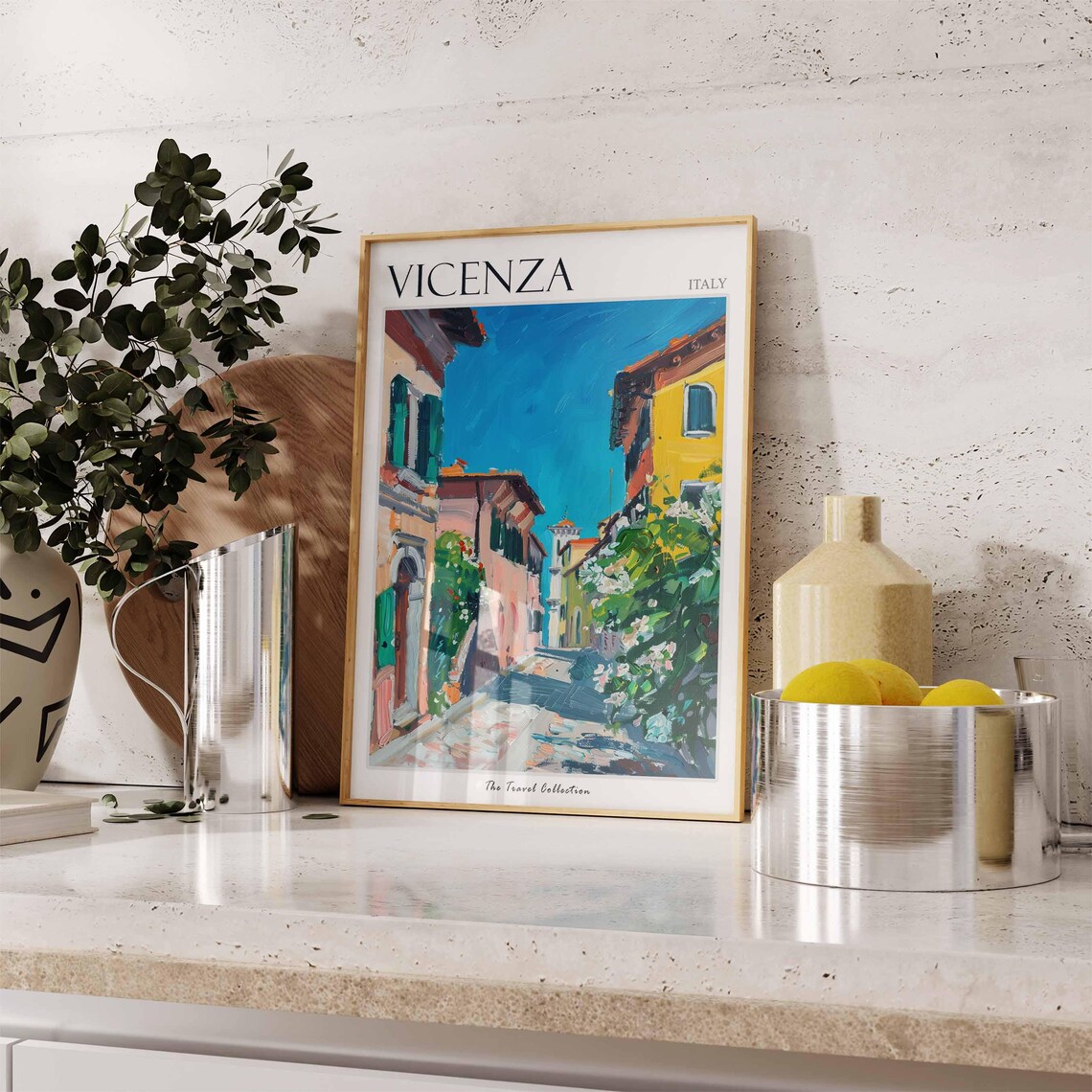 Vicenza Italy Cobblestone Street Bell Tower Watercolor Travel Poster - Image 3