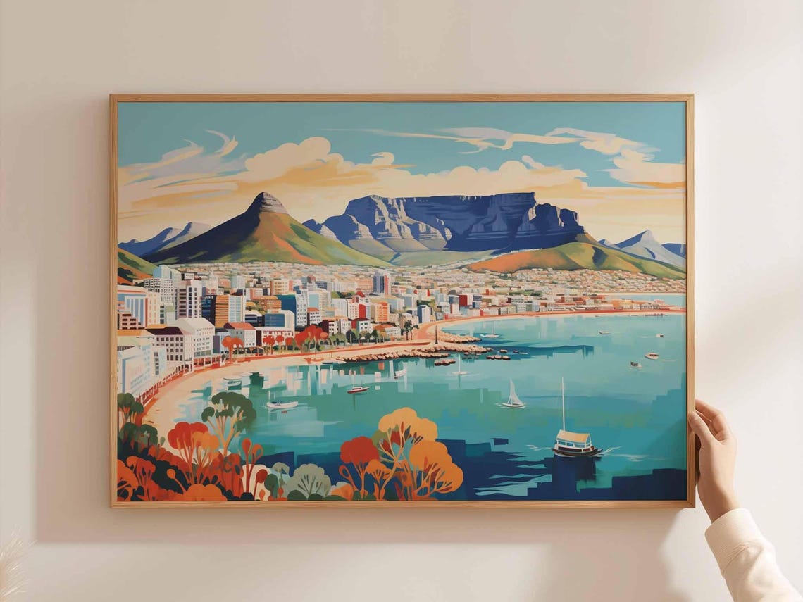 Cape Town Table Mountain Harbor Sunset Retro Sailboat Scene Poster