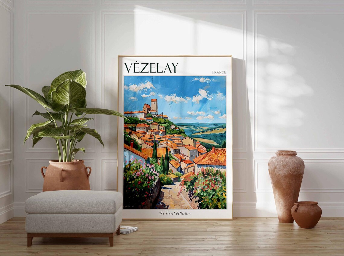 Vezelay France Village Rooftops Rose Path Painting Travel Poster - Image 3