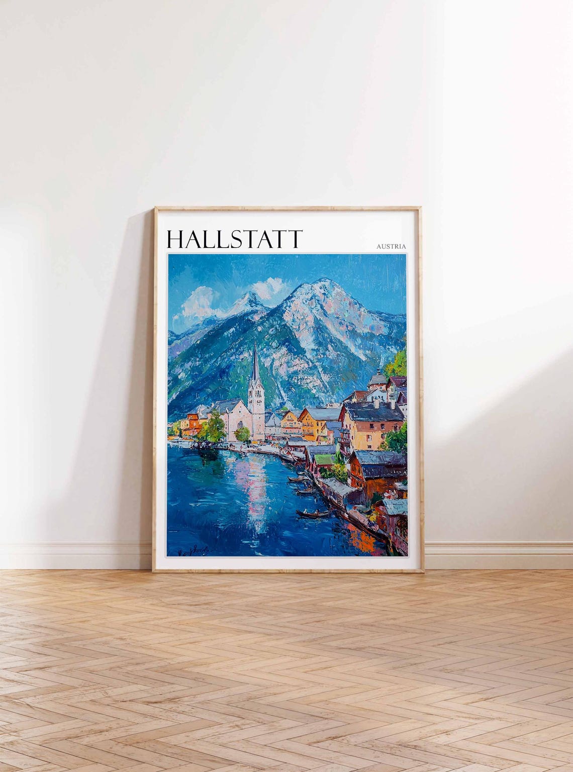 Hallstatt Austria Mountain Peak Village Lake Oil Painting Poster - Image 3