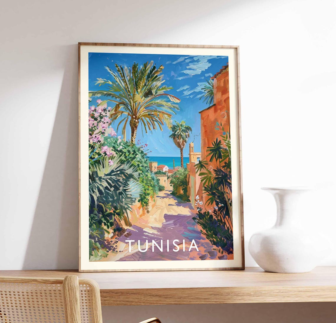 Tunisia Sunny Mediterranean Palm Coast Painting Travel Poster