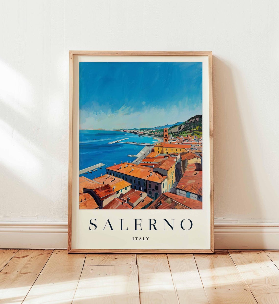 Salerno Terracotta Rooftops Overlooking The Blue Bay Travel Poster