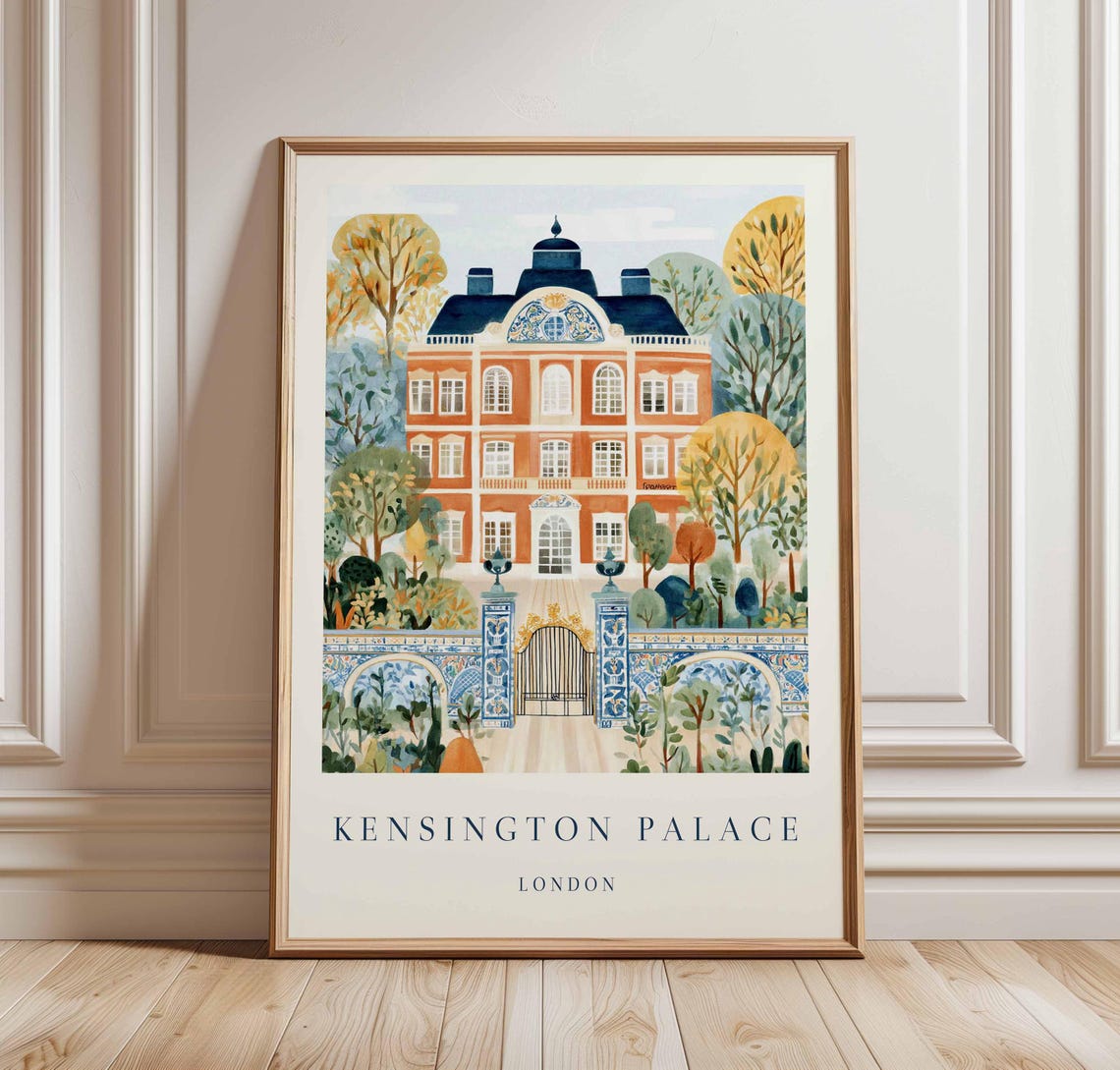 Kensington Palace London Watercolor Garden Gate Blue Tile Art Poster