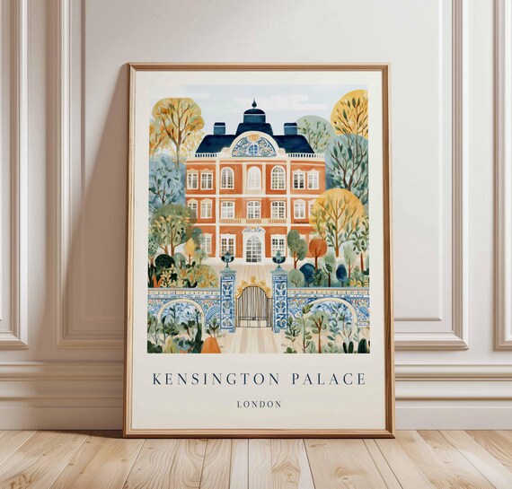 Kensington Palace London Watercolor Garden Gate Blue Tile Art Poster