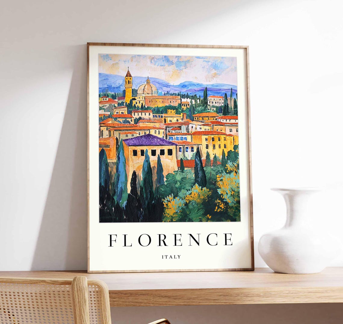 Florence Italy Cypress Hillside Painterly Duomo View Travel Poster