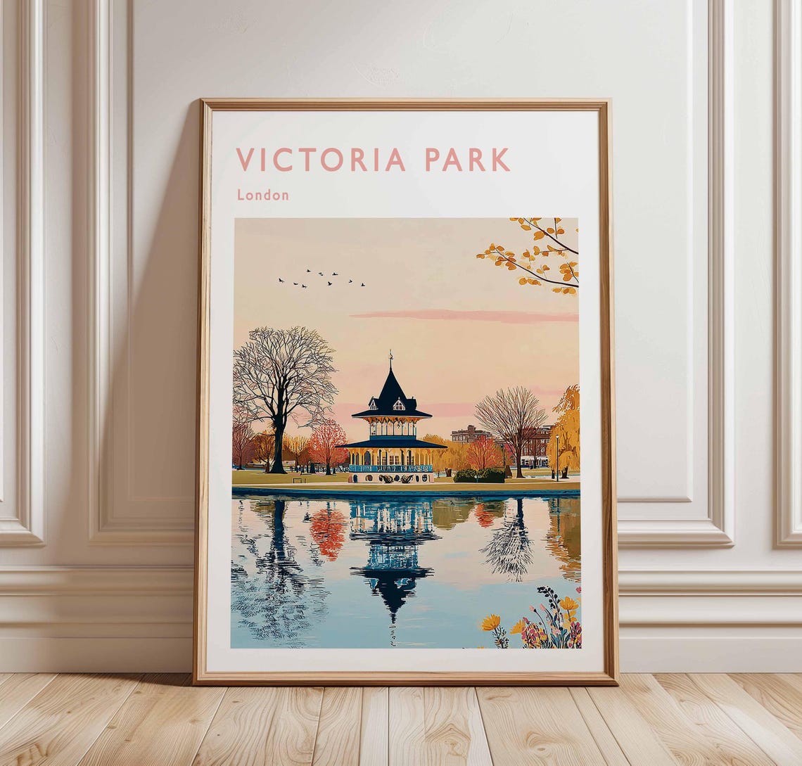 Victoria Park London Lakeside Pavilion Sunset Reflection Travel Poster