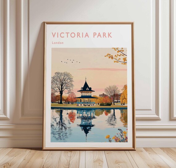 Victoria Park London Lakeside Pavilion Sunset Reflection Travel Poster