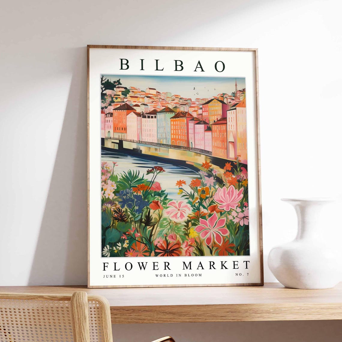 Bilbao Flower Market River Bridge Pastel Houses Floral Poster