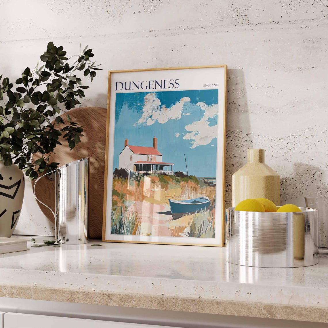 Dungeness England Coastal Cottage with Blue Boat on Dunes Poster - Image 2