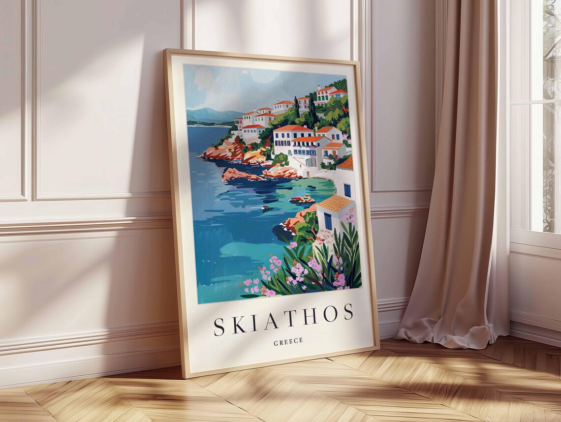 Skiathos Greece Cypress Topped Bay Town with Fishing Boats Poster - Image 2