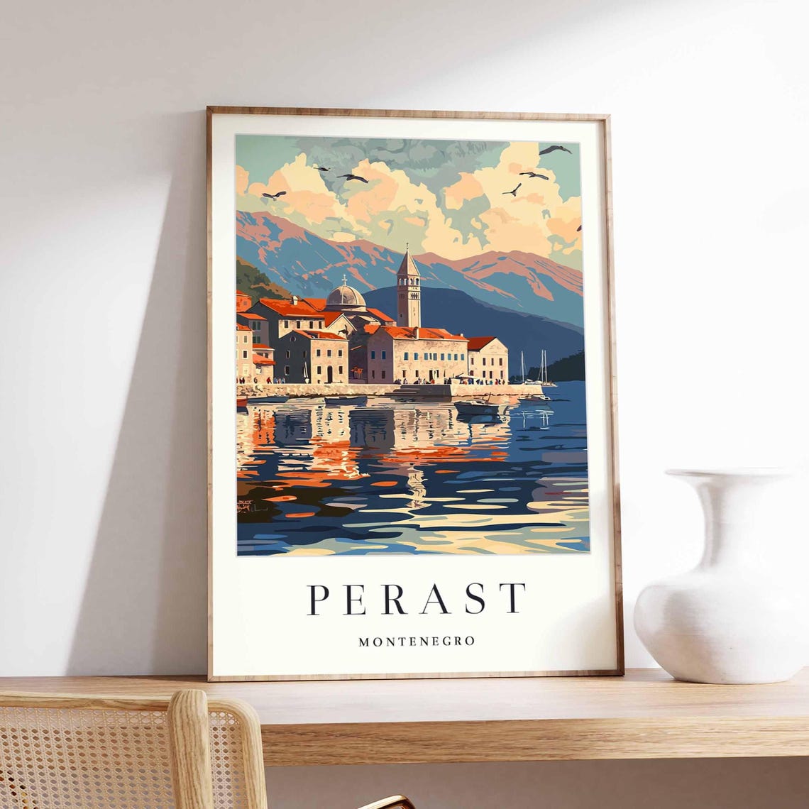 Perast Montenegro Golden Sunset Water Reflection Harbor Poster