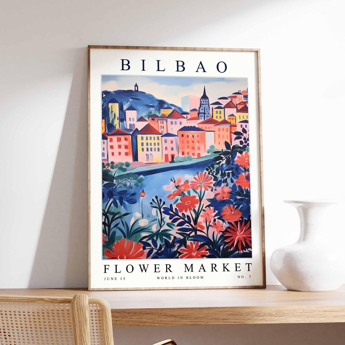 Bilbao Flower Market Dusk Bridge Pink Cosmos Night Travel Poster