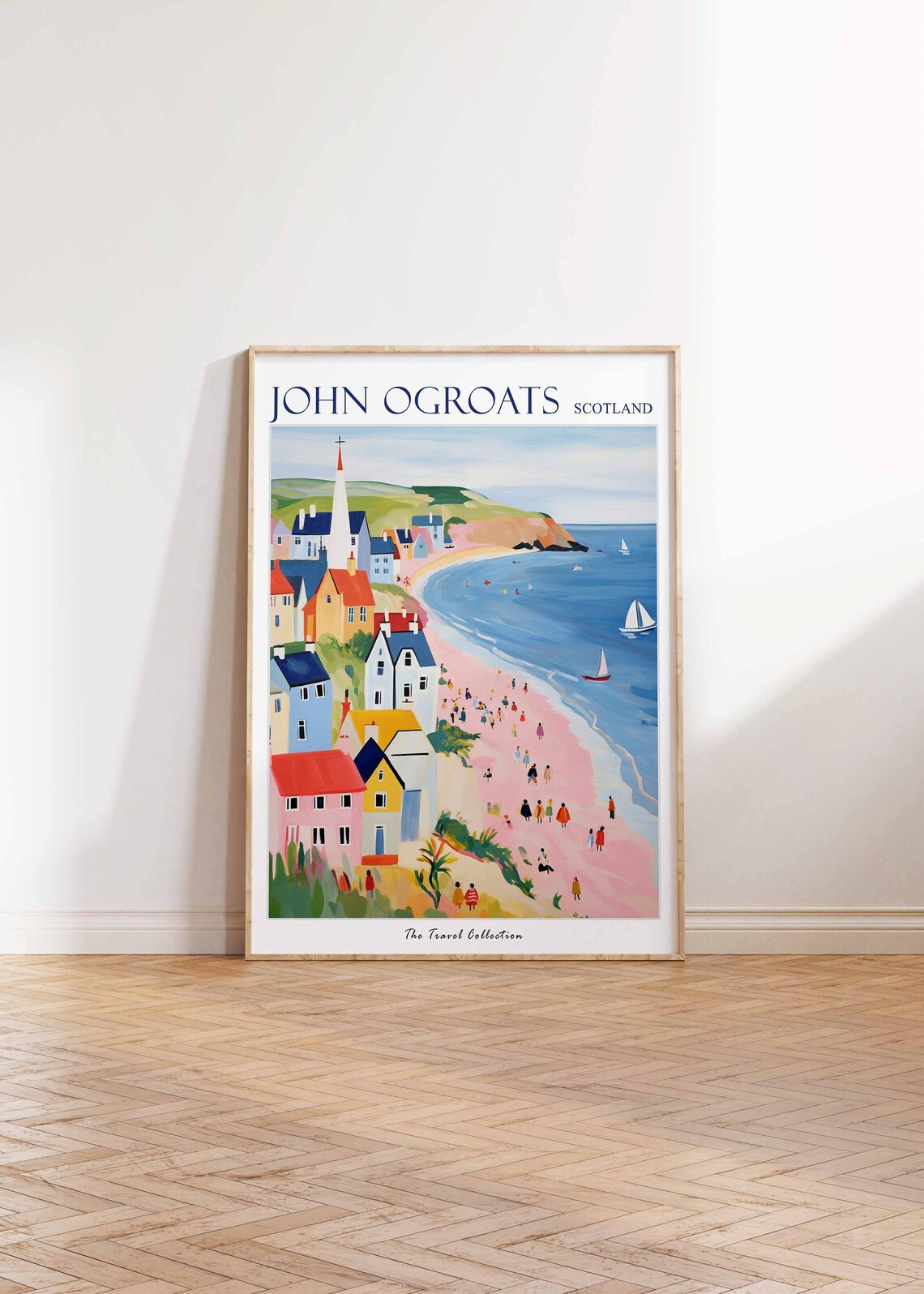 John Ogroats Scotland Pink Beach Village and Church Spire Poster - Image 2