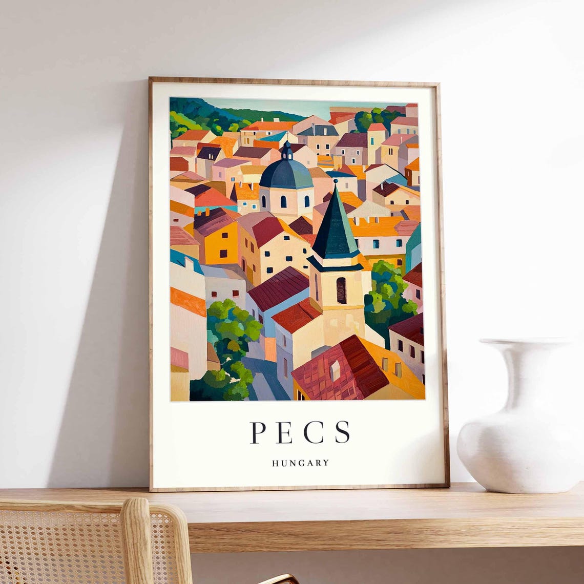 Pecs Hungary Aerial Rooftops Domed Church Bell Tower View Poster