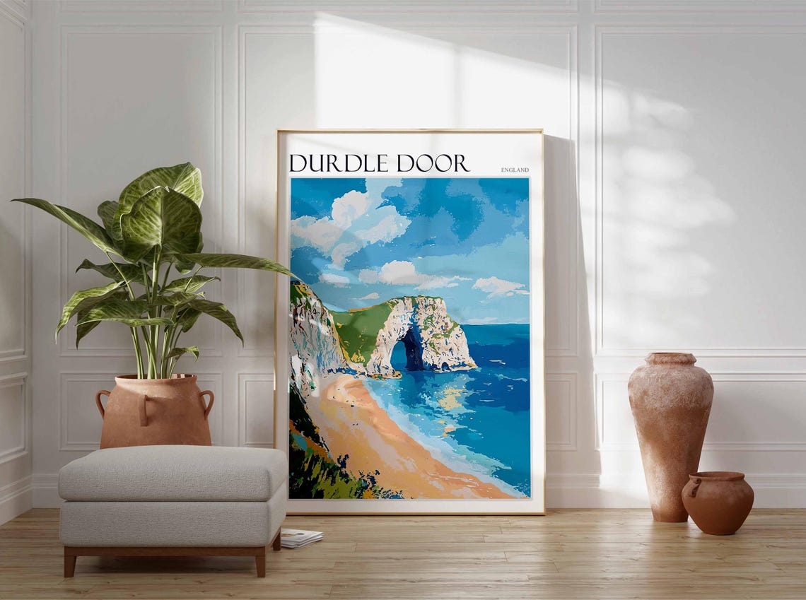 Durdle Door England Cliff Arch Beach Blue Sky Clouds Painting Poster - Image 3