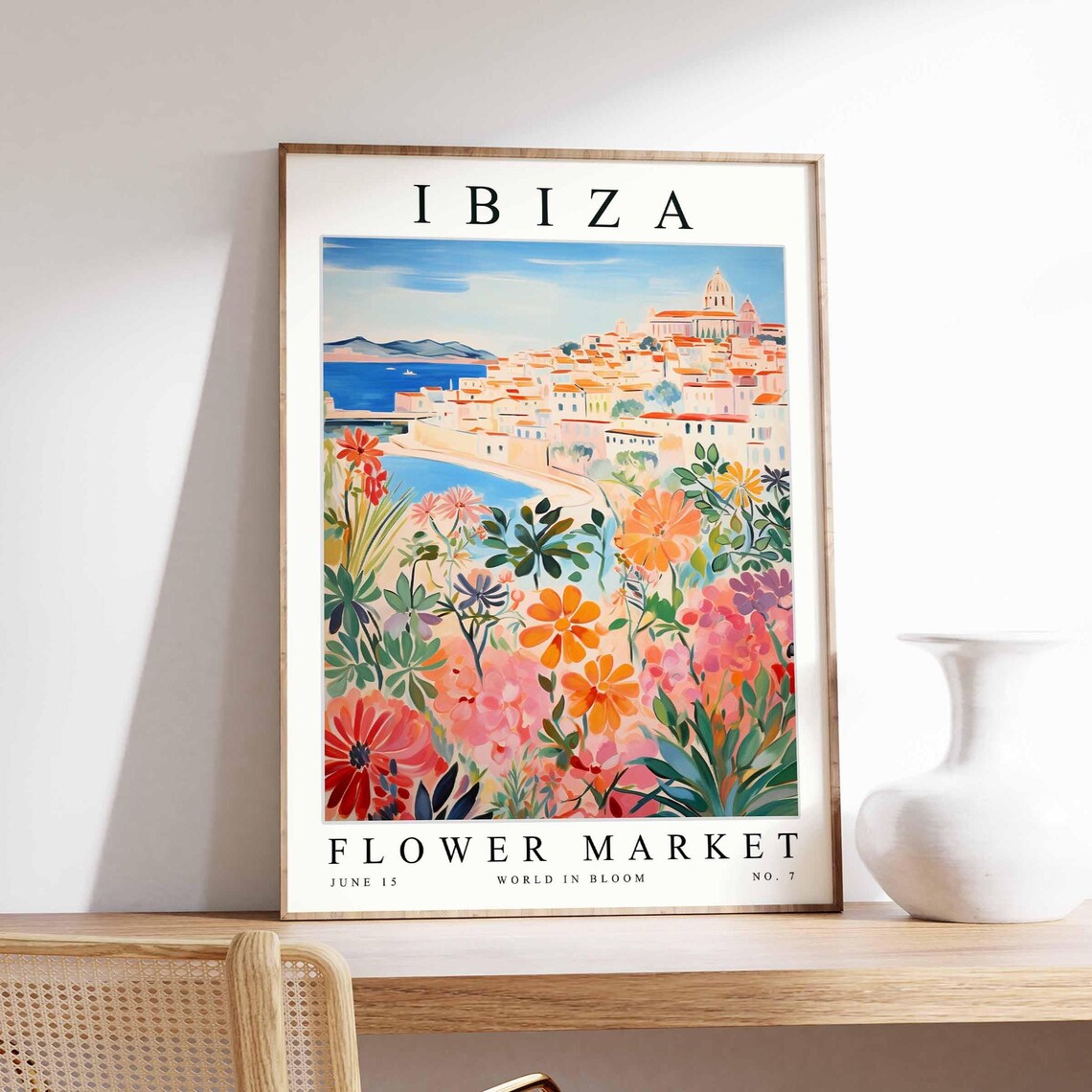 Ibiza Flower Market Harbor Town Red Orange Bloom Scene Poster