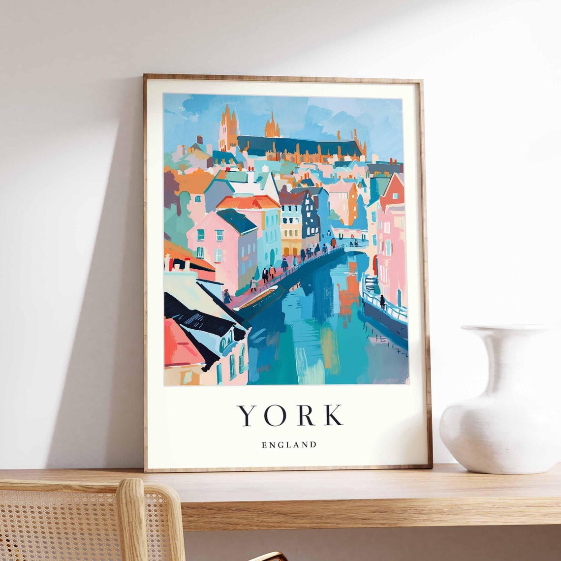York England Riverside Bridge Colorful Waterfront City Art Poster
