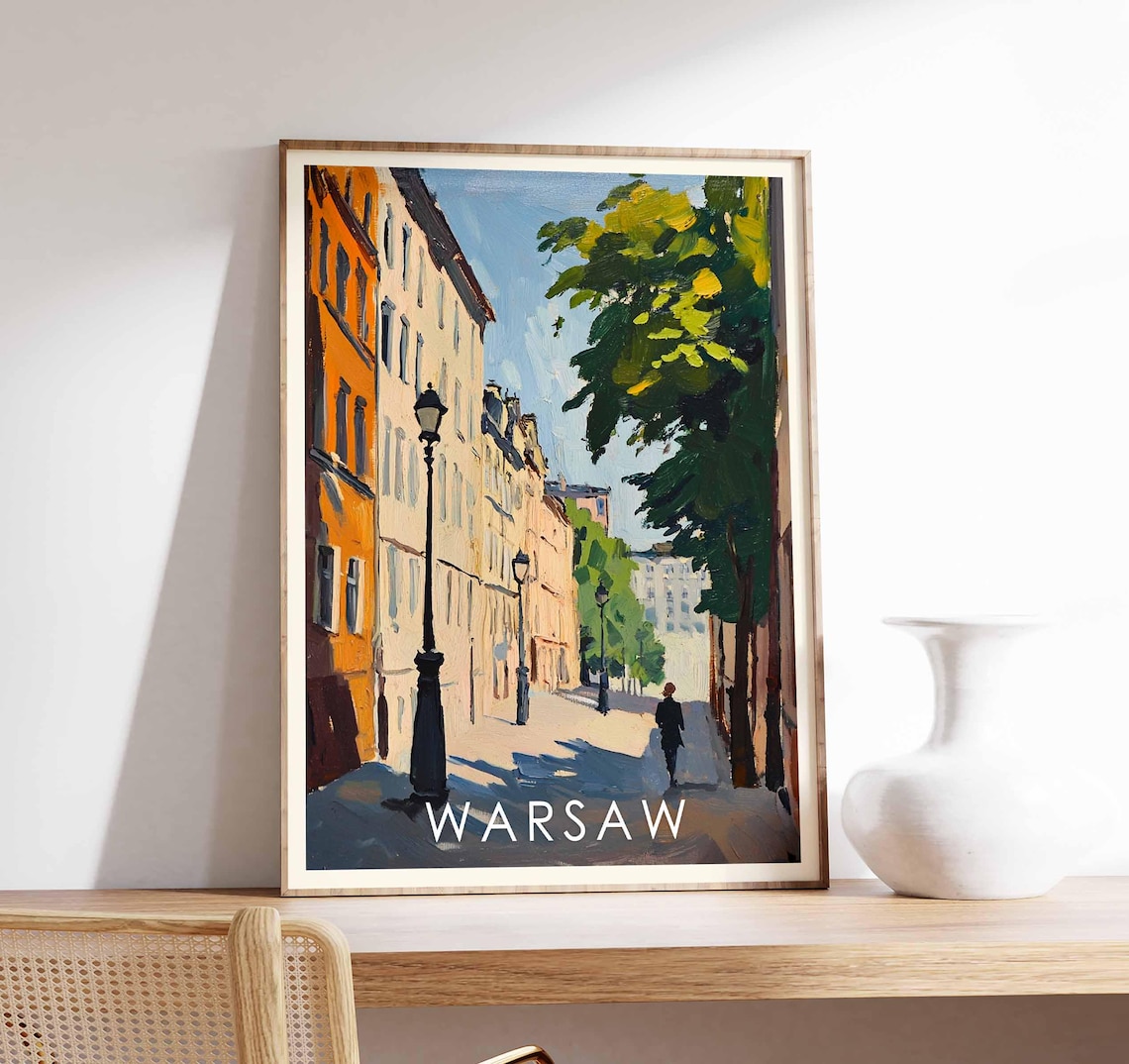 Warsaw Sunny Historic Street Travel Poster Poland Cityscape Art