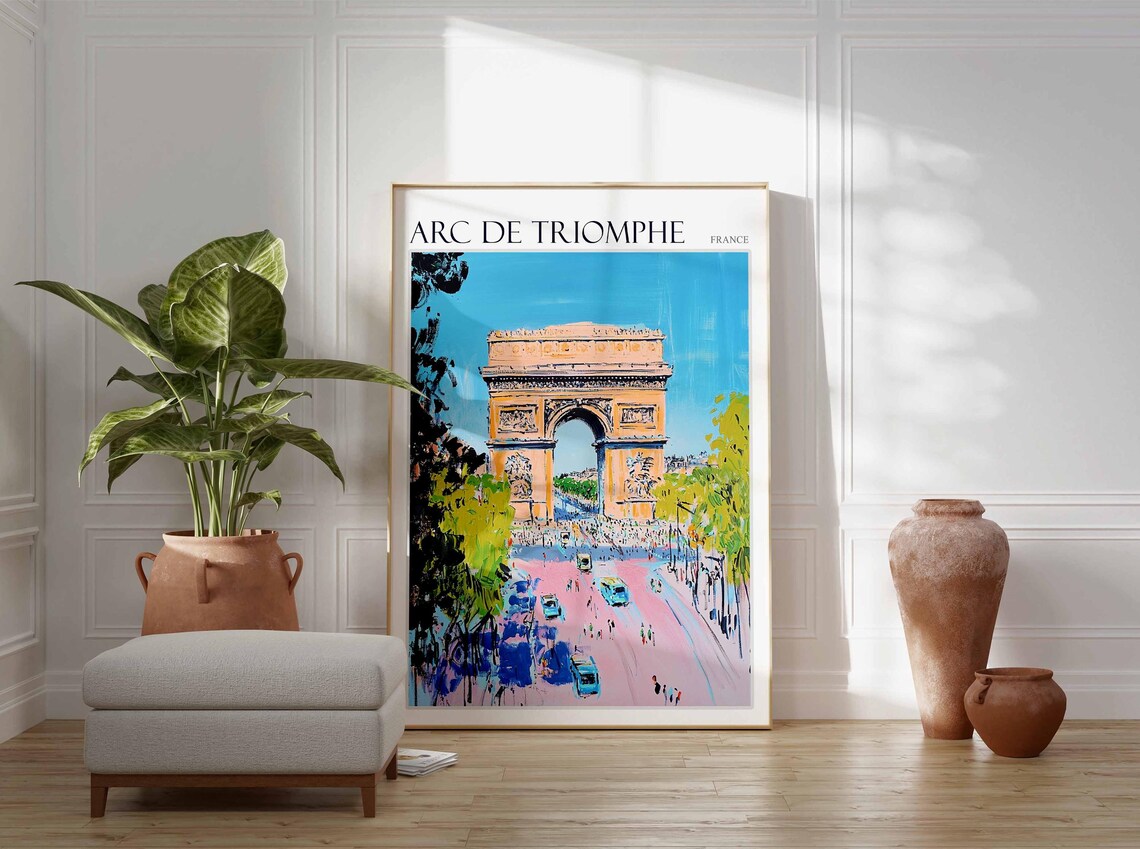 Arc de Triomphe Paris France Pink Street Scene Colorful Art Poster - Image 2