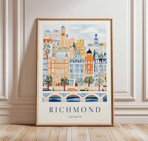 Richmond London Watercolor Clock Tower River Bridge Travel Poster