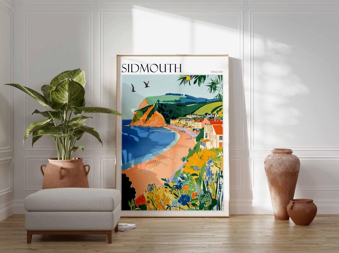 Sidmouth England Beach Red Cliffs Wildflowers Seaside View Poster - Image 2