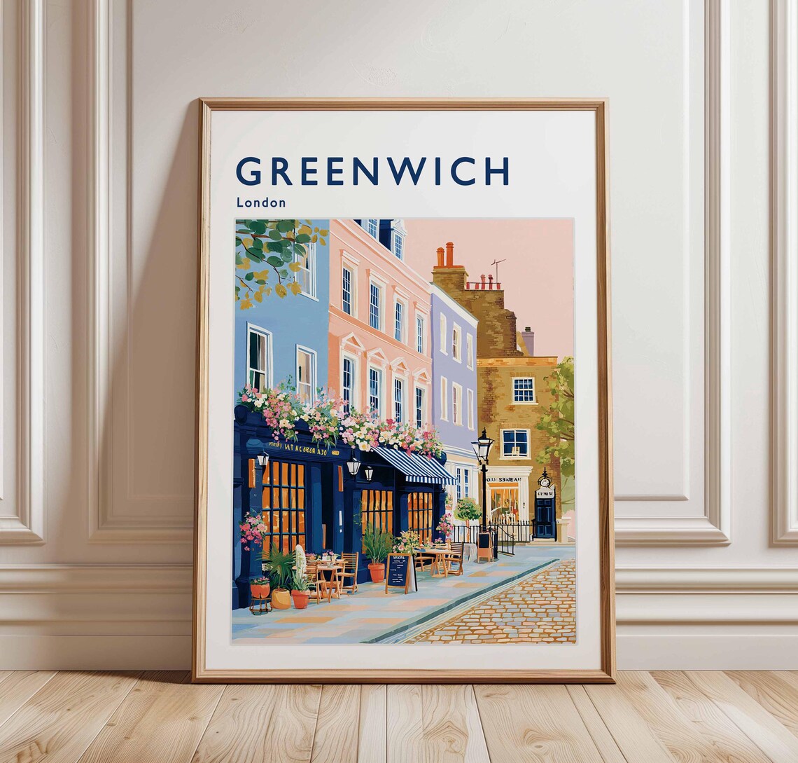 Greenwich London Colorful Pub Street Cafe Illustration Travel Poster