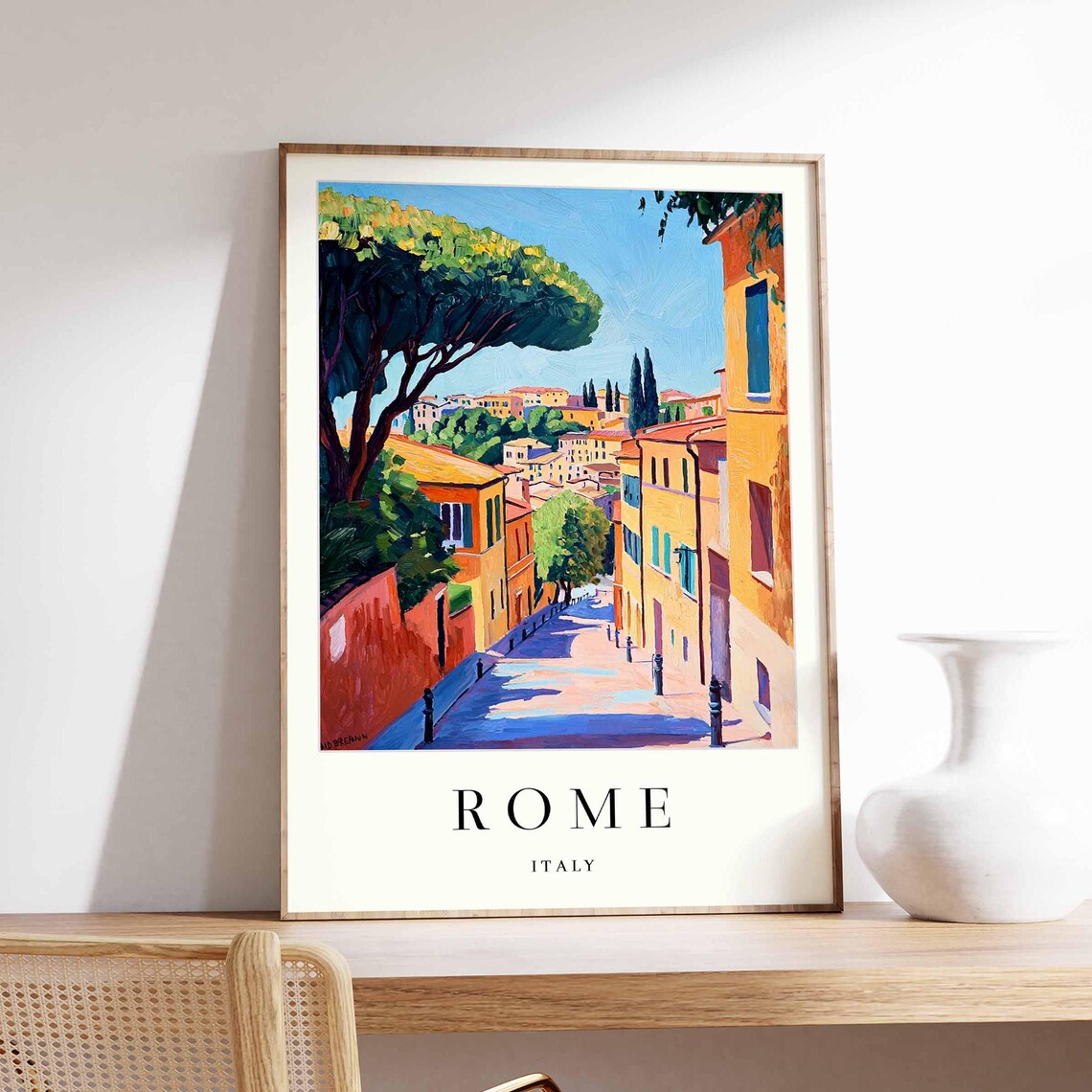 Rome Italy Golden Sunlit Street Beneath A Towering Umbrella Pine Travel Poster
