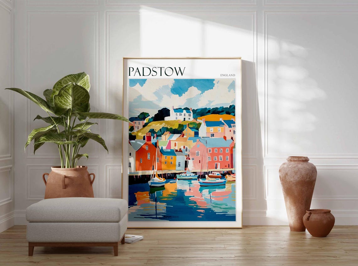 Padstow England Harbor Boats Hillside Scene Vintage Travel Poster - Image 4