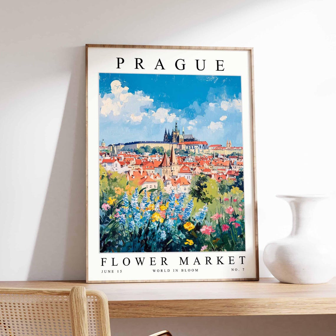 Prague Castle Hill Red Rooftop Wildflower Meadow Floral Travel Poster
