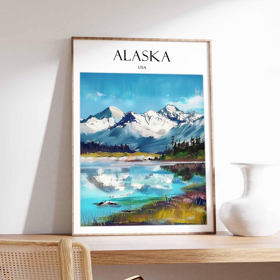Alaska USA Snow Peaks Glacial Lake Mountain Travel Art Poster