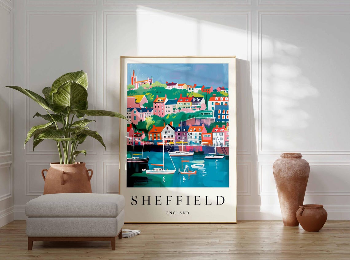 Sheffield England Watercolor City Skyline Under a Blue Sky Poster - Image 4