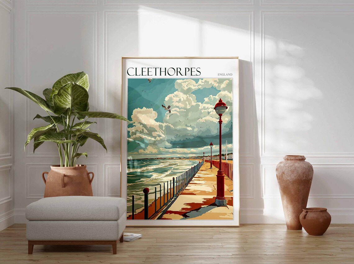 Cleethorpes England Vintage Promenade Red Lampposts Gulls Travel Poster - Image 3