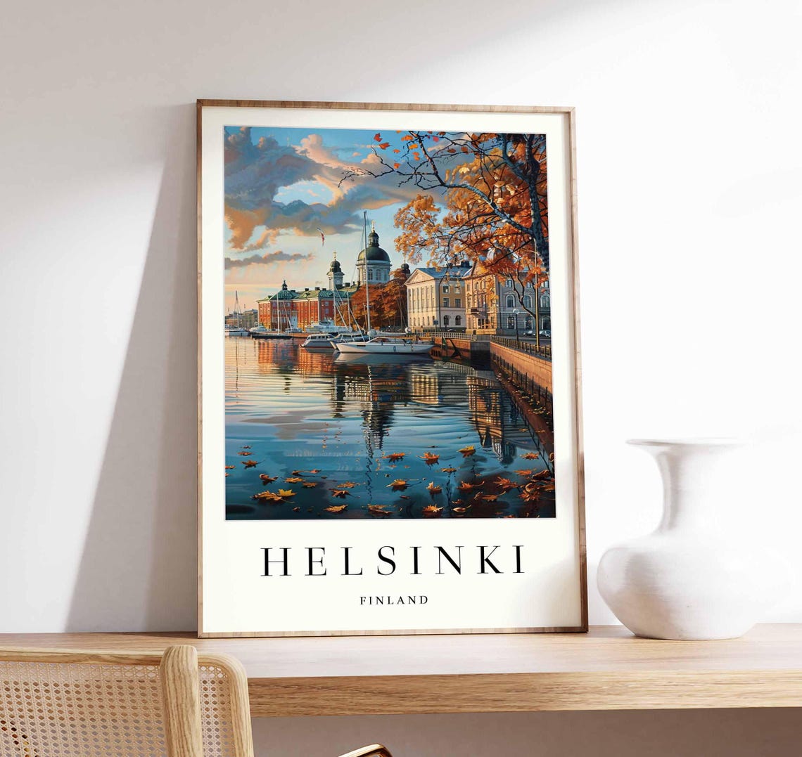 Helsinki Finland Autumn Harbor Poster Boats under Cathedral Dome