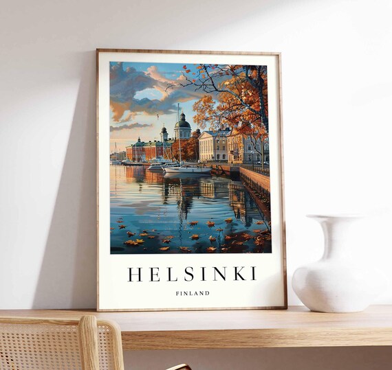 Helsinki Finland Autumn Harbor Poster Boats under Cathedral Dome