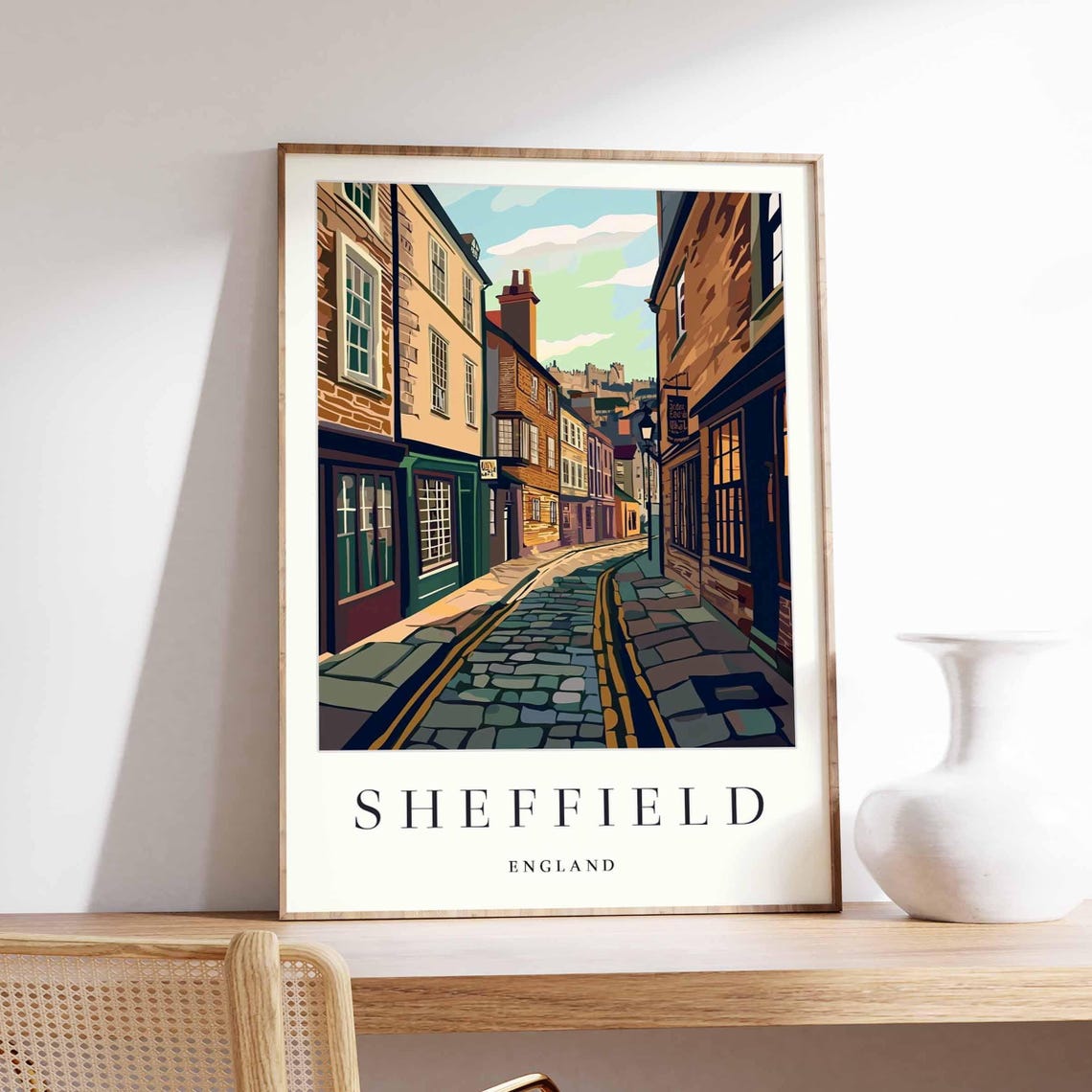 Sheffield England Historic Cobblestone Lane Brick Buildings Poster