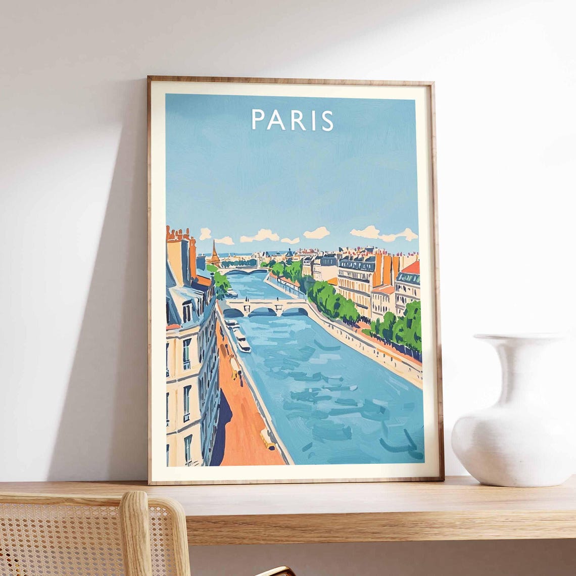 Paris France Seine River With Bridge Light Blue Travel Poster