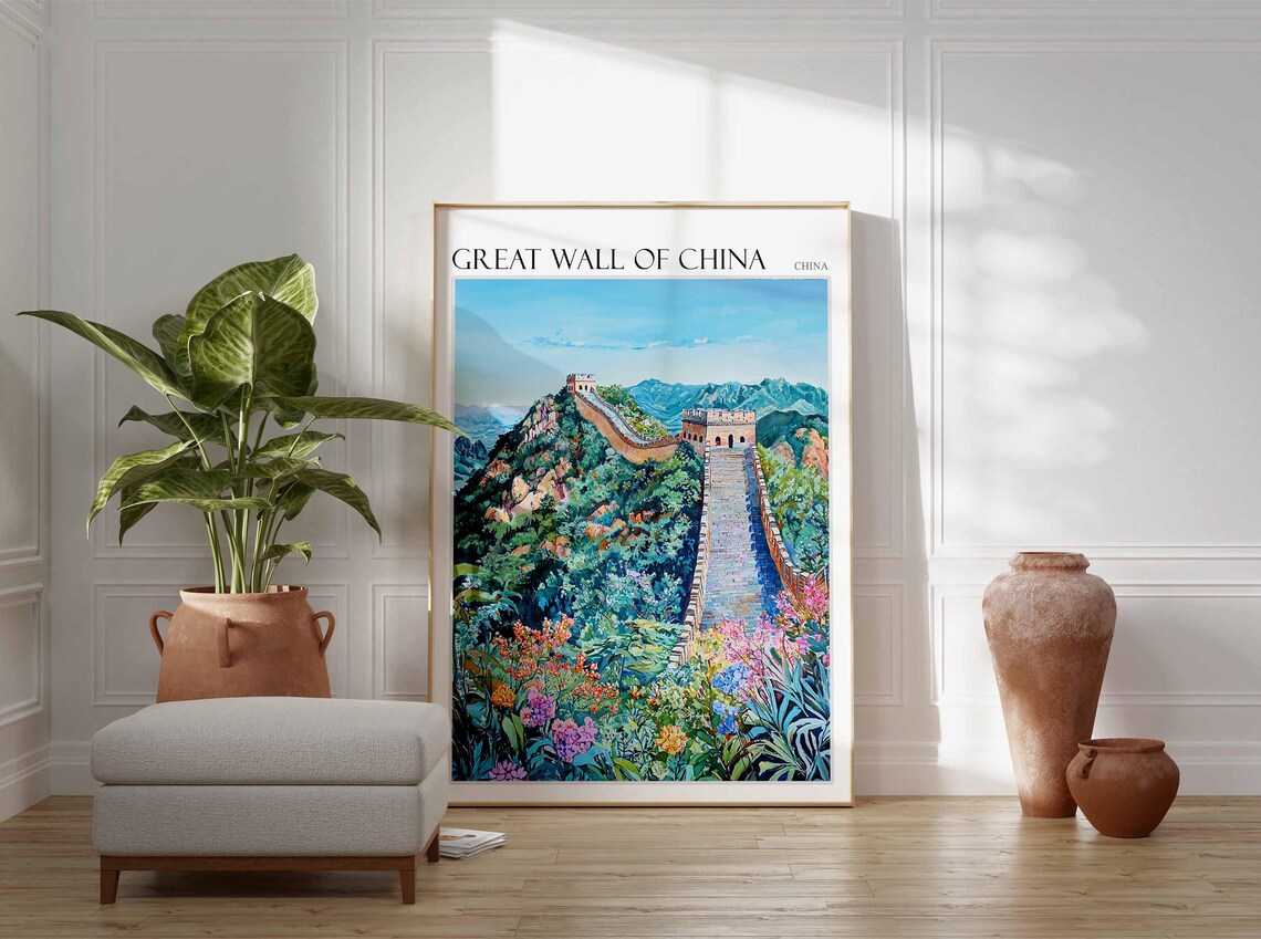 Great Wall of China Wildflower Mountain Slope Scene Painting Poster - Image 2